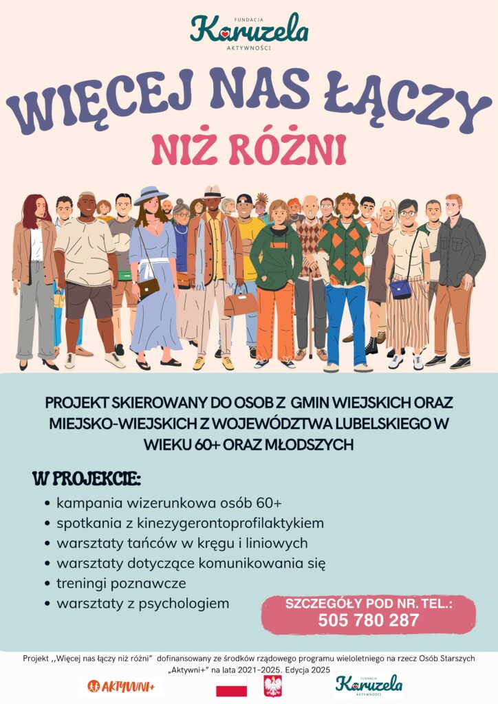 Plakat promujący projekt - zawiera tytuł projektu, grafikę przedstawiającą grupę ludzi oraz kontakt do organizacji realizującej.